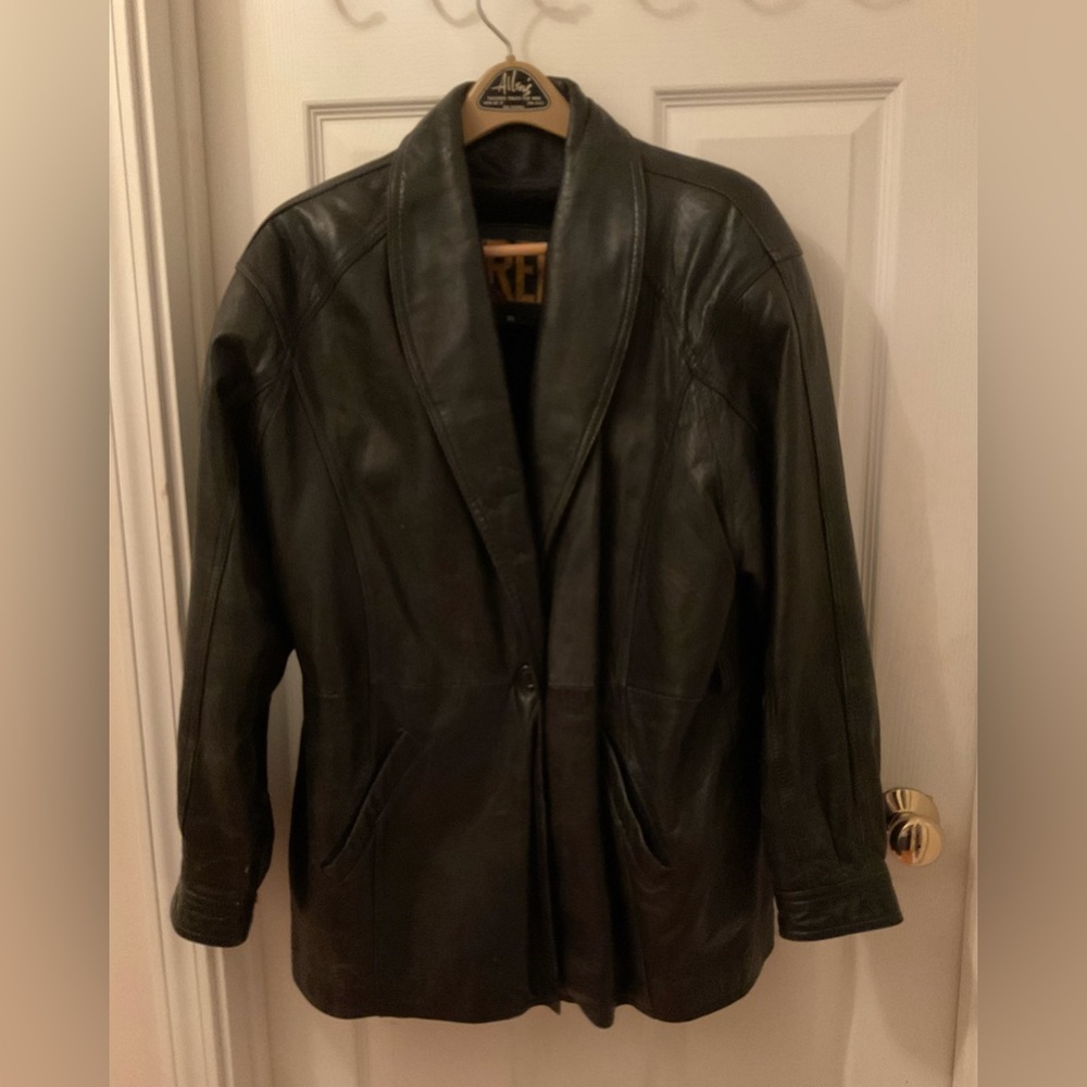 Rugged used leather jacket coat with removable lining men XL